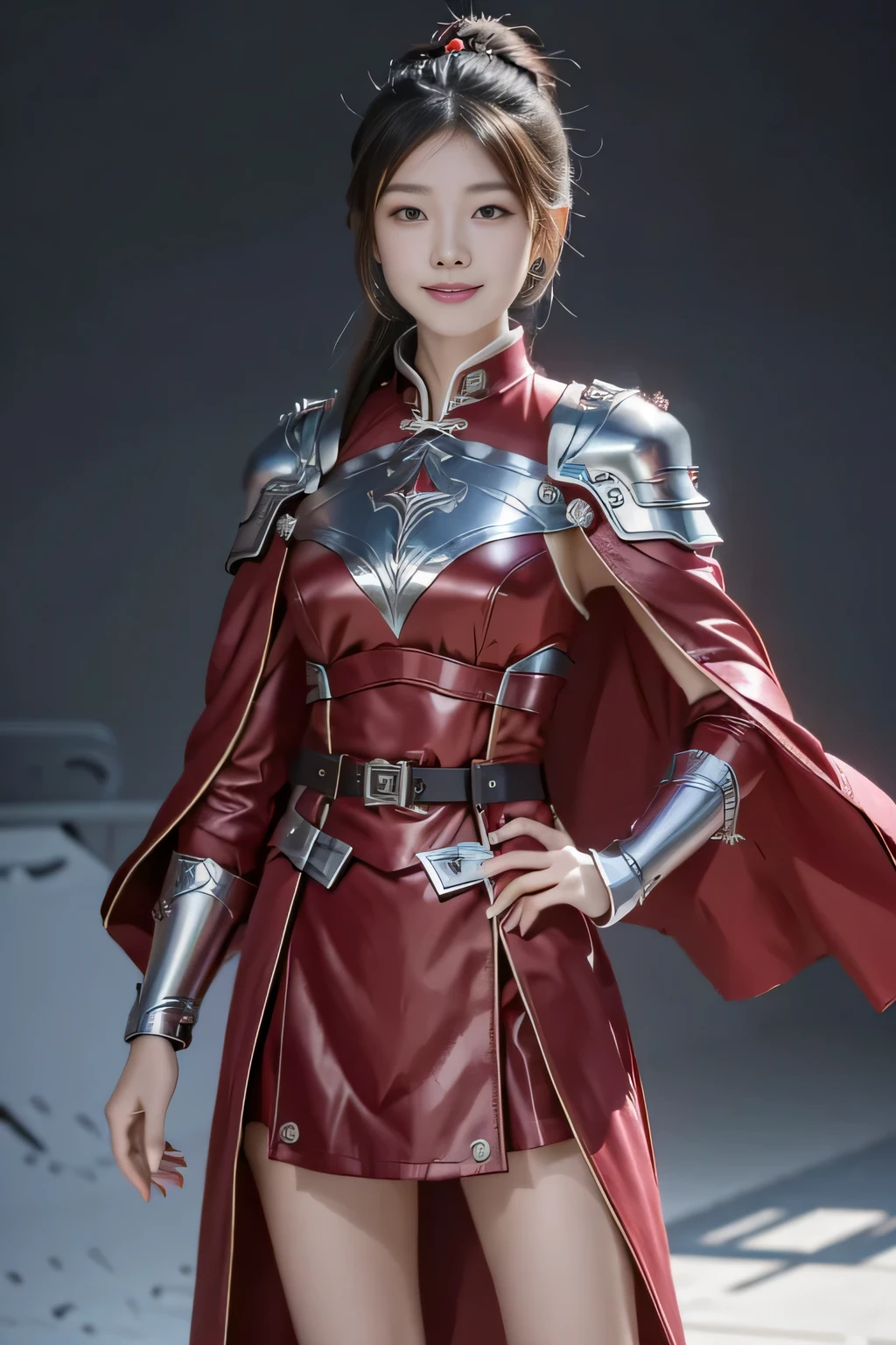 Chinese female general Hua Mulan，Vermilion Hufu lining，，Crimson cape，Silver metal breastplate，silver helmet，battlefield background，majestic，Smile（open mouth）（The corners of the mouth are raised），Leather tunic，Knee armor，Eight clones，silver metal headband，Hair bun raised high。wild wilderness background