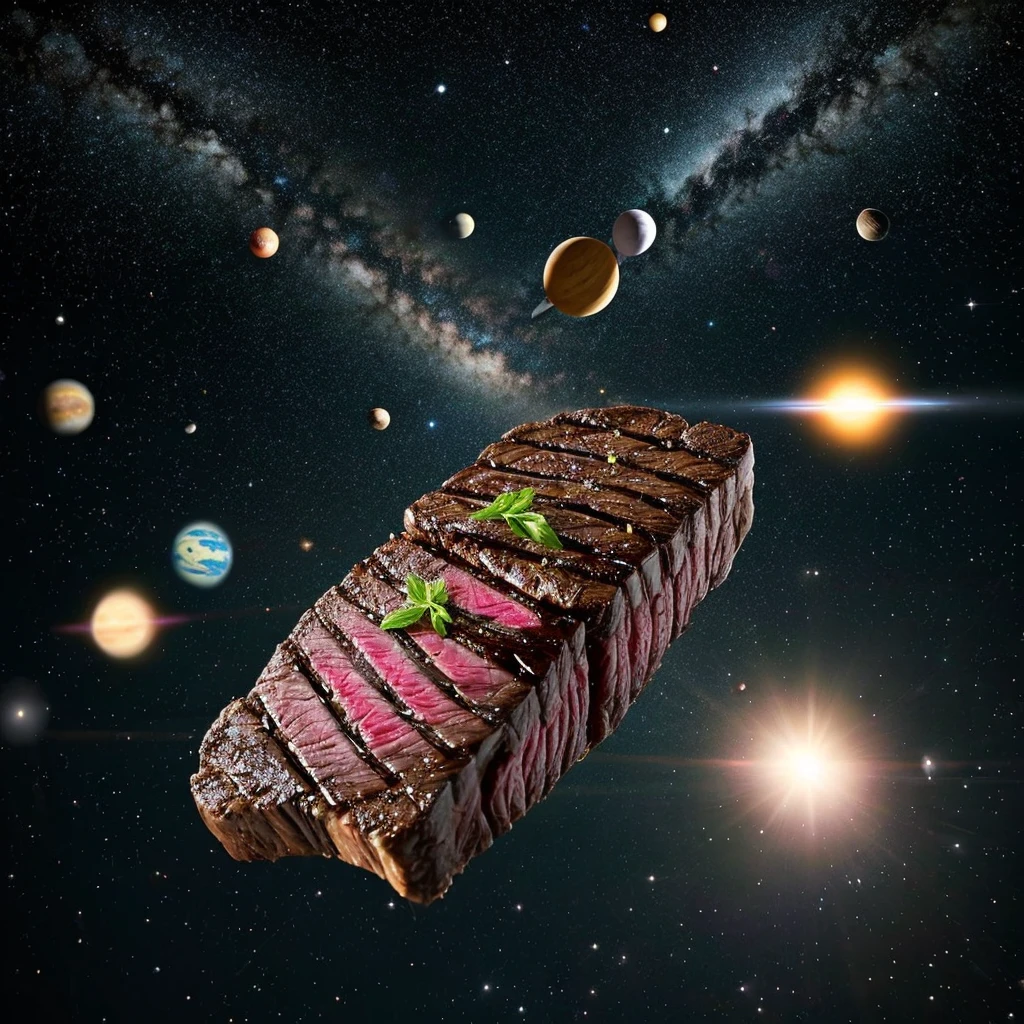 High class steak、spacewalking。High class steak宇宙で飛んでいることを反映するため、background of planets around