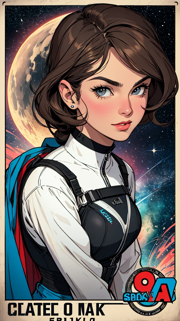 (((highest quality))),masterpiece,1 woman,((the perfect person)),((Super beautiful woman)),detailed perfect face,retro,vintage,classic,60's,70's,80&#39;s,old movie posters,abstract,((スペーススリラーmovie poster)),(Futuristic),Geometric pattern,very delicate,movie poster_white frame,universe,Milky Way,planet,,propaganda,universe飛行士,breast enhancement,