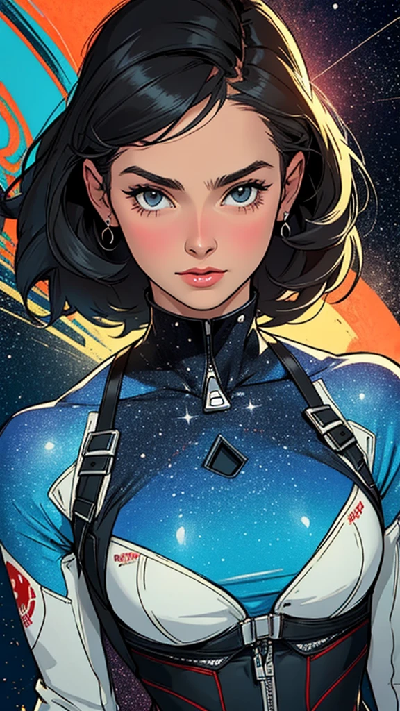 (((highest quality))),masterpiece,1 woman,((the perfect person)),((Super beautiful woman)),detailed perfect face,retro,vintage,classic,60's,70's,80's,old movie posters,abstract,((スペーススリラーmovie poster)),(Futuristic),Geometric pattern,very delicate,movie poster_white frame,universe,Milky Way,planet,,propaganda,universe飛行士,breast enhancement,