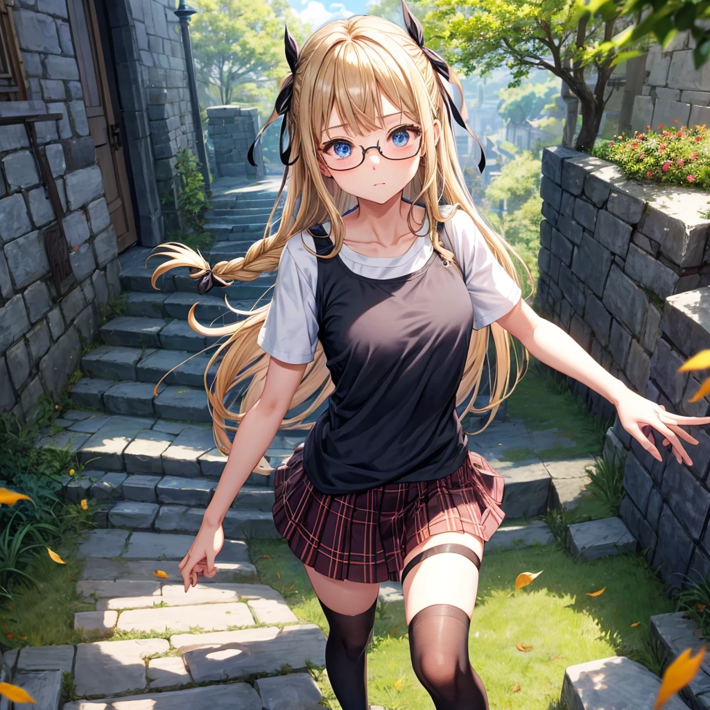 brown blonde、blue eyes、Braid、one good looking girl、solo、anime、Plaid miniskirt、camisole、black t-shirt、Tilting your face、Doing the ribbon、Ribbon at waist、sunset sky、stone stairs、tunnel、Fallen leaves、wearing glasses、Burning、Light and shadow、maze、balloon、monster castle、lanthanum、corridor、Black socks、mossy stone