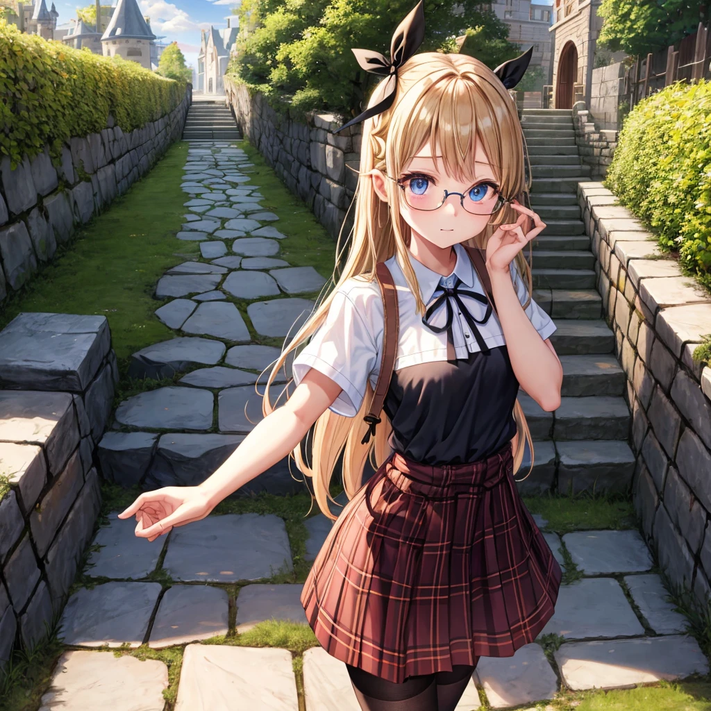 brown blonde、blue eyes、Braid、one good looking girl、solo、anime、Plaid miniskirt、camisole、black t-shirt、Tilting your face、Doing the ribbon、Ribbon at waist、sunset sky、stone stairs、tunnel、Fallen leaves、wearing glasses、Burning、Light and shadow、maze、balloon、monster castle、lanthanum、corridor、Black socks、mossy stone