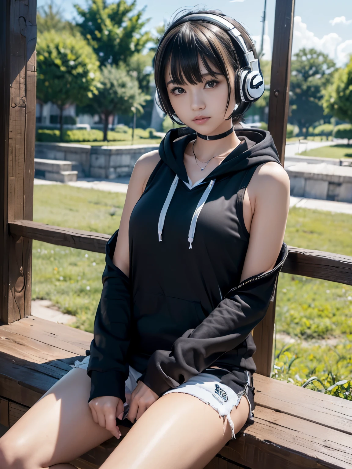 masterpiece、ultra-detailliert、8K、top-quality:1.5)、((Awesome))、Shorthair with bangs、He is wearing a black hoodie over white sleeveless shorts.、smil、((Wear black headphones around your neck))、sprawl、((Open legs))