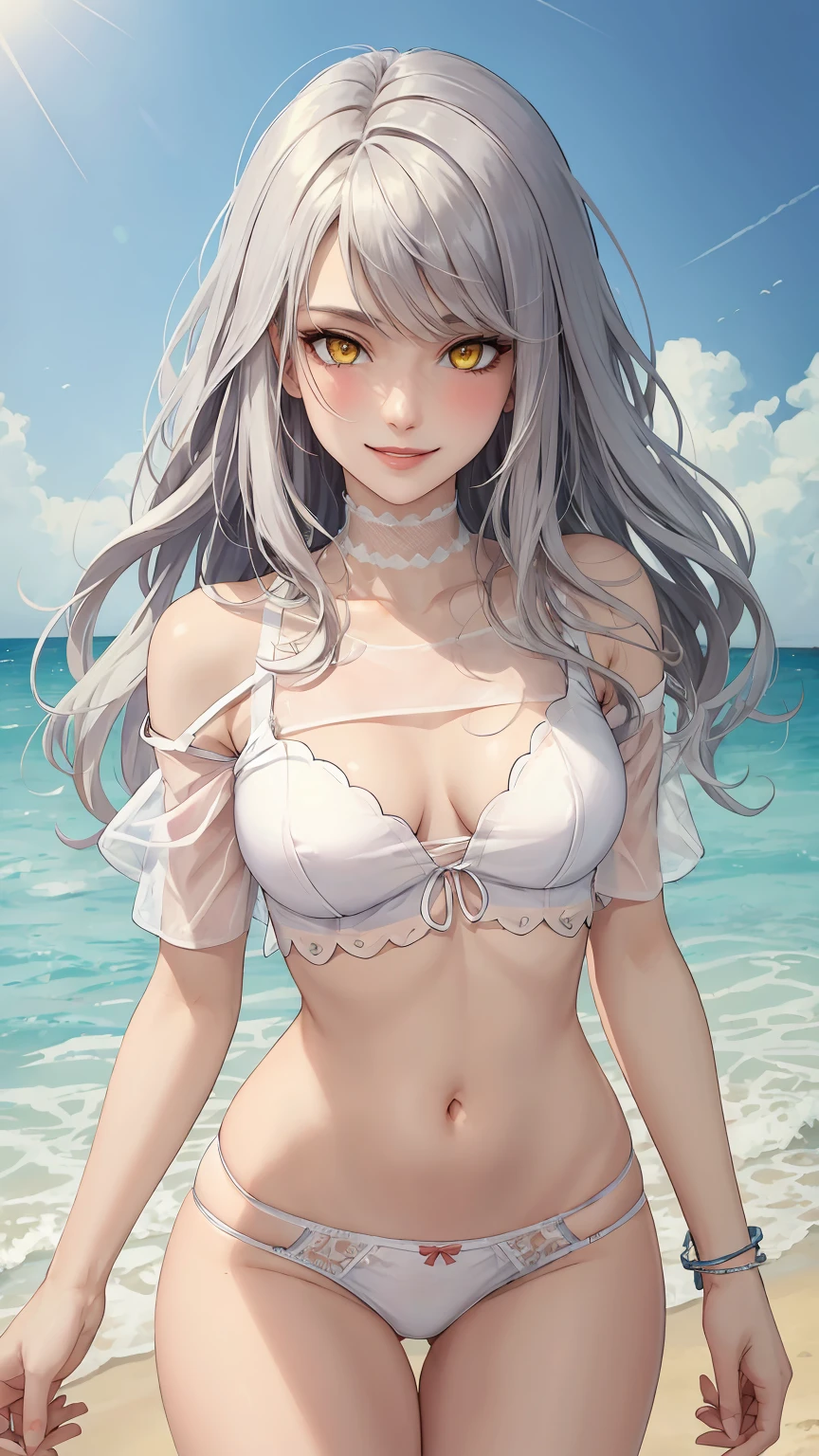 ((((masterpiece, best quality, high resolution)))), (1girl:1.5), ((long silky hair, silver hair, yellow eyes, sharp eyes)), (medium breasts:1.2), blush, (cheeky smile, parted lips), glow, thighs, bare shoulders, collarbone, narrow waist, (slender body figure), (beautiful detailed face, beautiful detailed eyes), ((mesh white crop top, panties showing package:1.3)), (standing up), looking at viewer, beach, seaside 