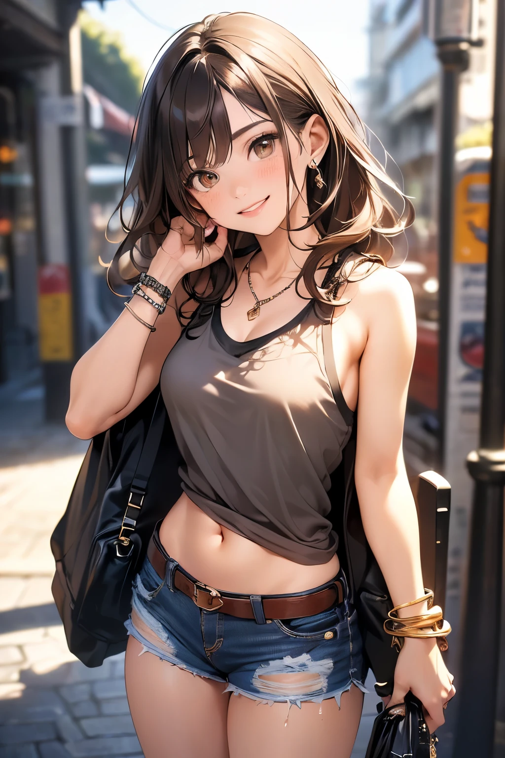 (masterpiece, best quality, ultra-detailed, highres, 4k),(beautiful detailed eyes),(very detailed face),(1girl),HDR,long hair, shorts, phone, brown eyes, brown hair, cellphone, bracelet, tank top, jewelry, watch, lips, solo focus, nail polish, blurry background, smile, wristwatch, realistic, blurry, looking at viewer
