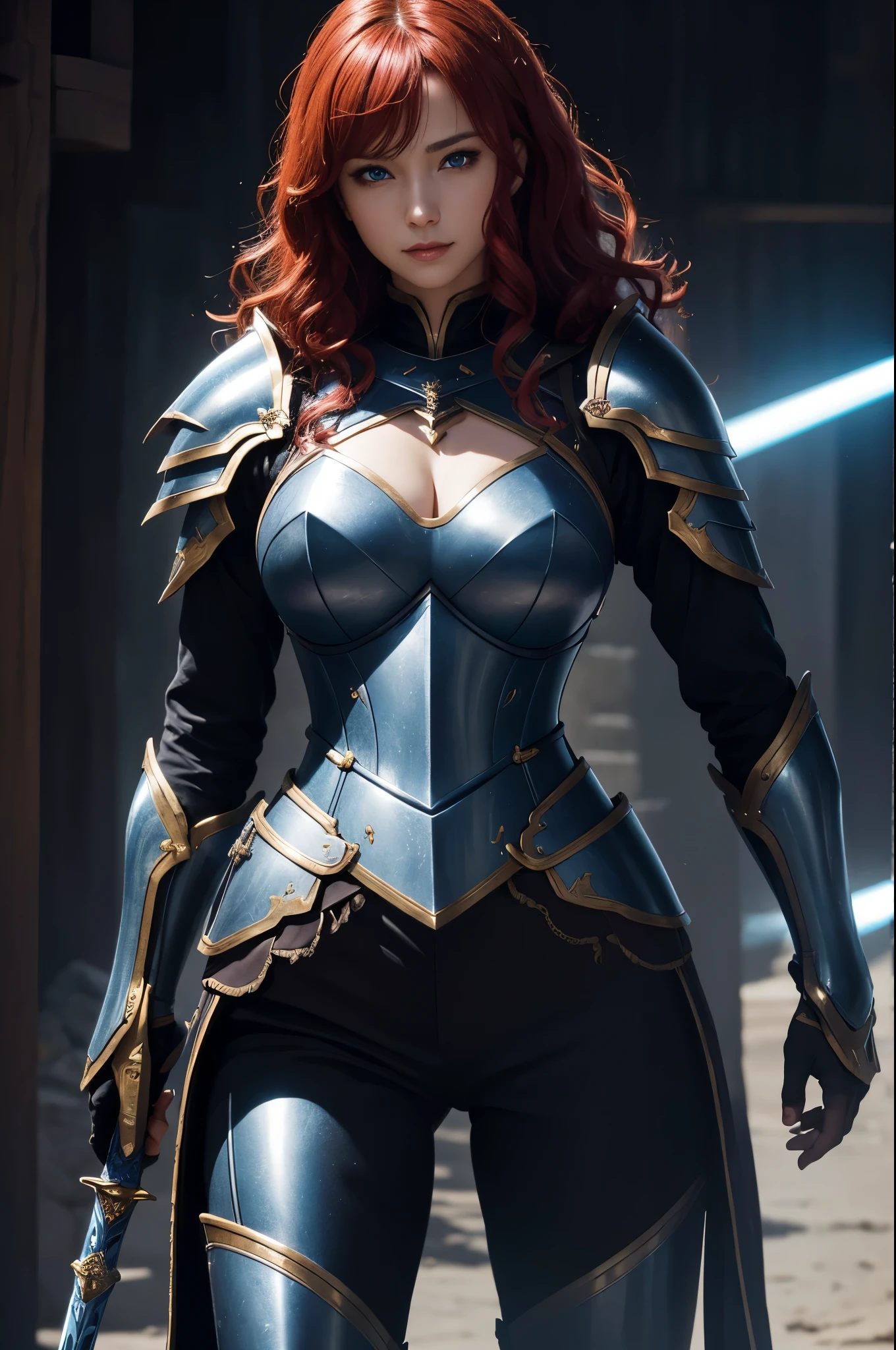 8K,Super high resolution,((best image quality)), ((masterpiece)), (high detail:1.3), Joan of Arc,Paladin,blue eyes,red hair perm hair blue,Woman in black armor(精密な金色のPaladinの紋章の細工)、cleavage,Attention was paid to the details of the chest armor decoration.、beautiful expression,attractive,sexy,Super beautiful(like the real thing),carry a large and long sword,smile,luxury black pants,blue-black shoulder armor,blue-black thing armor,blue-black leg armor,fantasy art,character art,rich colors, Backlight, cinematic lighting, film grain, born, 50mm lens, Nikon D850,ultra high resolution,Super realistic,