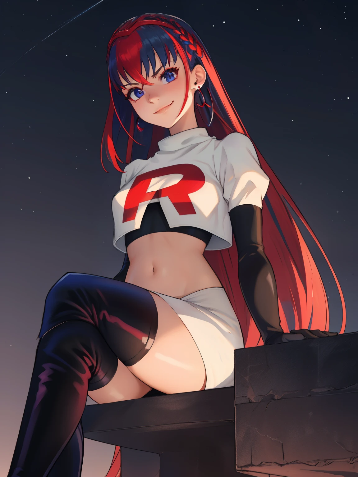 aleardef ,glossy lips, earings ,team rocket uniform, red letter R, white skirt,white crop top,black thigh-high boots, black elbow gloves, closed mouth, evil smile, looking down on viewer, sitting down ,legs crossed, night sky background