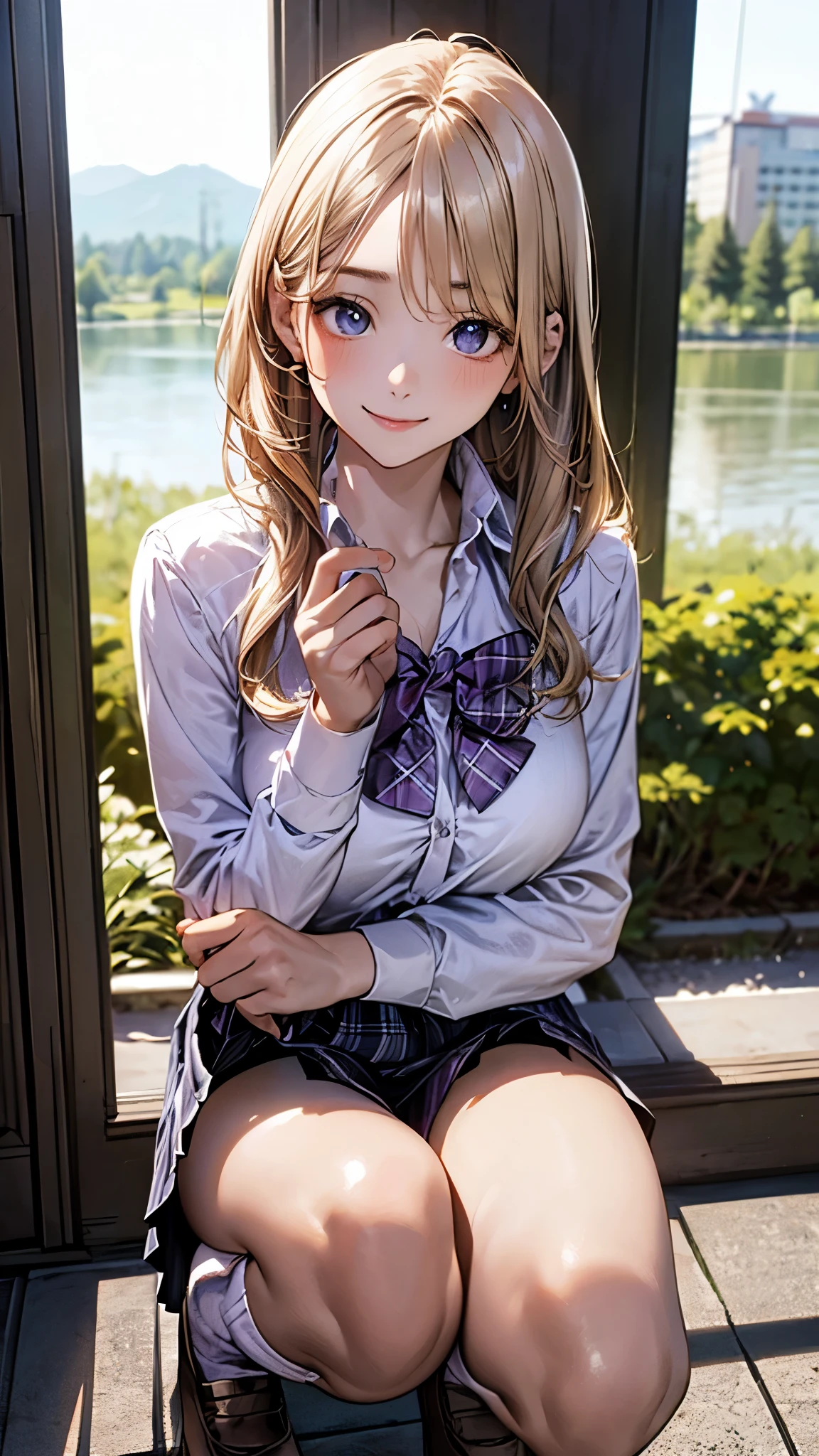 (masterpiece:1.2, top-quality), (realistic, photorealistic:1.4), beautiful illustration, (natural side lighting, movie lighting), nsfw,
looking at viewer, cowboy shot, front view:0.6, 1 girl, japanese, high school girl, perfect face, cute and symmetrical face, shiny skin,
(middle hair:1.6, straight hair:1.2, long sidelocks, blonde hair), parted bangs, blue eyes, long eye lasher, (large breasts:1.1, seductive thighs),
beautiful hair, beautiful face, beautiful detailed eyes, beautiful clavicle, beautiful body, beautiful chest, beautiful thigh, beautiful legs,
((detailed cloth texture, long sleeves white collared shirts, light purple plaid pleated skirt, light purple plaid bow tie, socks)),
(beautiful scenery), evening, riverside, squatting, (lovely smile, upper eyes),