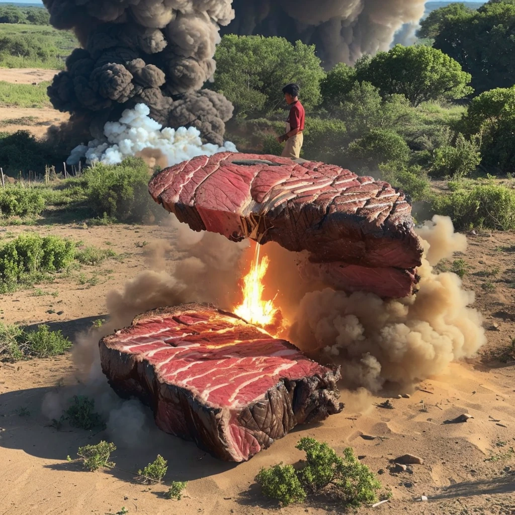 A super-huge high-end steak collides with the earth、causing a big explosion