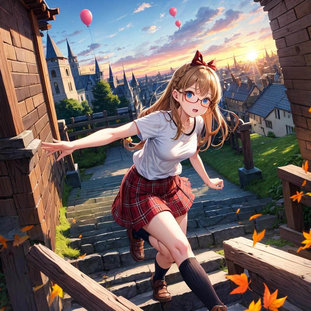 reddish-brown blonde、blue eyes、Braid、one good looking girl、solo、anime、Plaid miniskirt、camisole、black t-shirt、Tilting your face、Doing the ribbon、Ribbon at waist、sunset sky、stone stairs、tunnel、Fallen leaves、wearing glasses、Burning、Light and shadow、maze、balloon、monster castle、lanthanum、corridor、Black socks、mossy stone