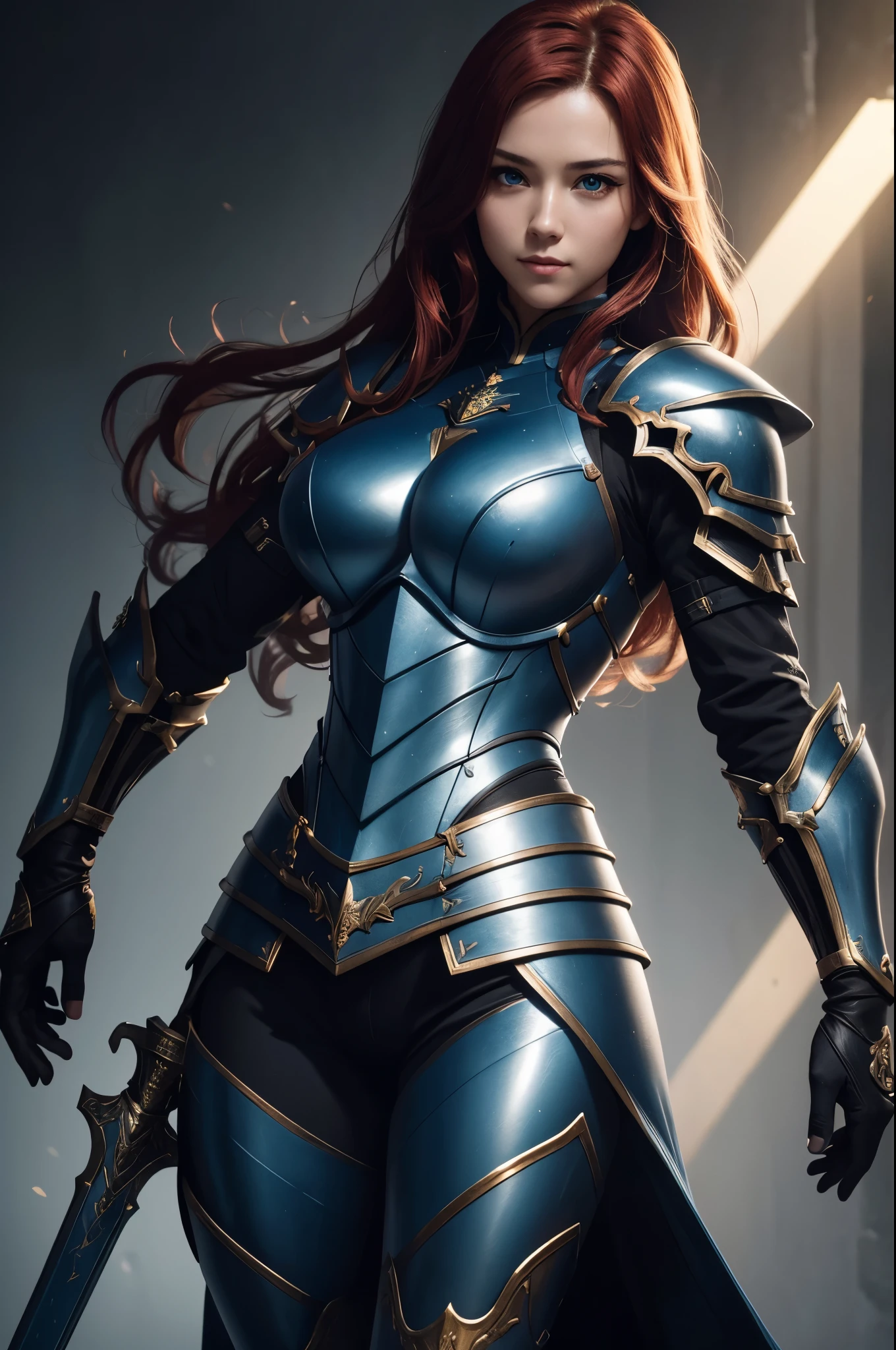 ((((masterpiece, best quality, high resolution)))), Extremely detailed 8K, 1 female, wearing a warrior type of armor, (Ultra HD, Ultra-detailed, Highly detailed, Highly realistic, Ultra-realistic, photograph realistic), (1girl:1.5), (Realistic red hair), (dynamic poses), facing at camera, looking at viewer, (a serious calm face), (regular black eyes, sharp eyes), (perky breasts:1.2), (beautiful detailed face, beautiful detailed eyes), ((armor damaged)), (preparing for a fight), sweat, glow, (sunbeam, sunlight), ((cowboy shot)), battlefield background, seductive, EnvyBetterHands LoCon,