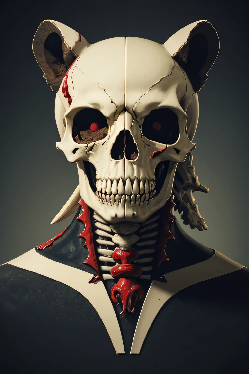 (label:1.1),anatomical bear skull with bleeding eyes and nose,realistic,vivid colors,cartoon shadows and highlights,cartoonish butter dripping,sharp focus,detailed bone structure,evil expression,subtle background,retro color palette.