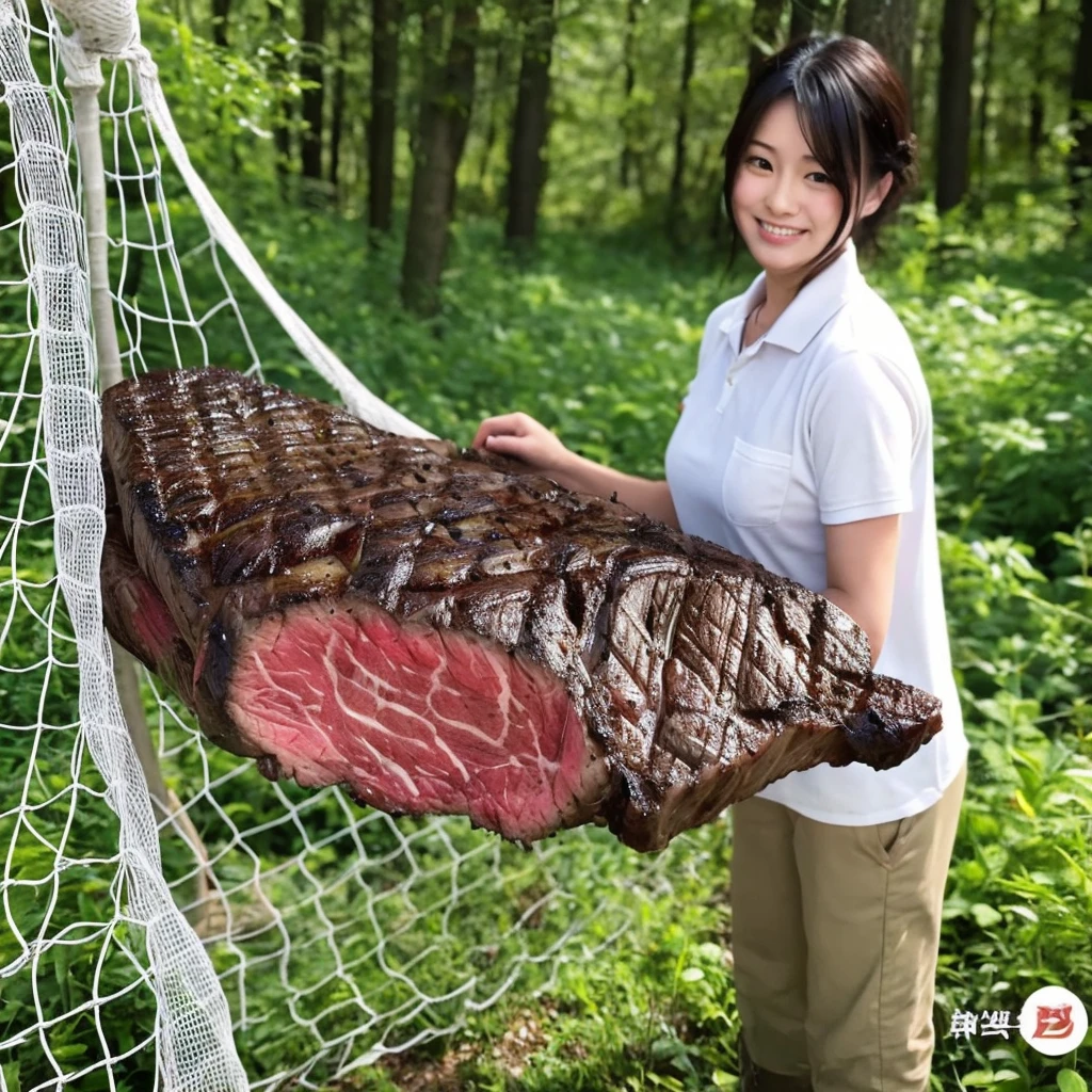 Super huge high quality steak、caught in a net in the forest