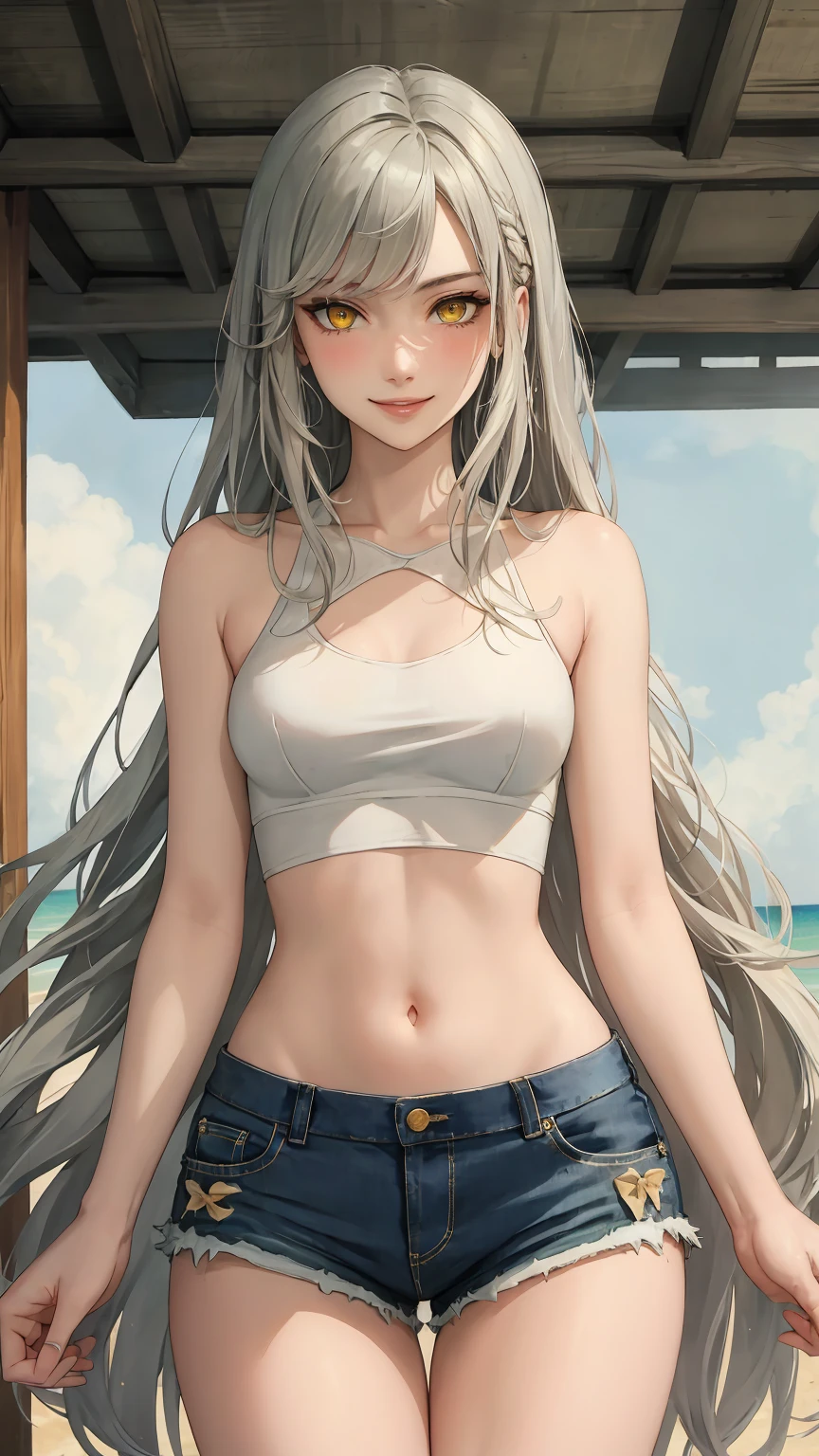 ((((masterpiece, best quality, high resolution)))), (1girl:1.5), ((long silky hair, silver hair, yellow eyes, sharp eyes)), (medium breasts:1.2), blush, (cheeky smile, parted lips), glow, thighs, bare shoulders, collarbone, narrow waist, (slender body figure), (beautiful detailed face, beautiful detailed eyes), ((wet white crop top, shorts)), (standing up), looking at viewer, beach, (cowboy shot)