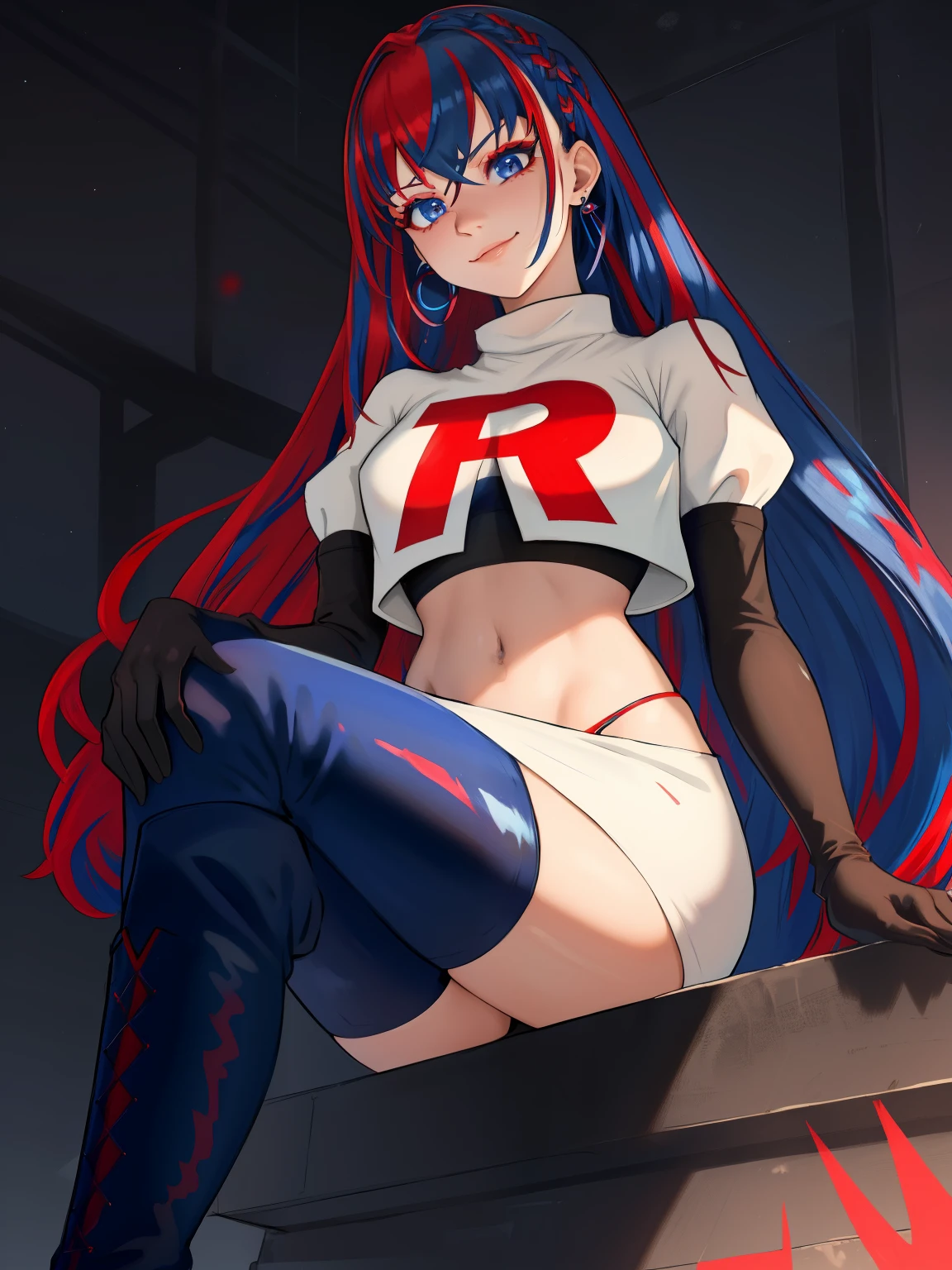 aleardef, blue hair, red hair, multicolored hair, multicolored eyes, ,glossy lips, earings ,team rocket uniform, red letter R, white skirt,white crop top,black thigh-high boots, black elbow gloves, closed mouth, evil smile, looking down on viewer, sitting down ,legs crossed, night sky background