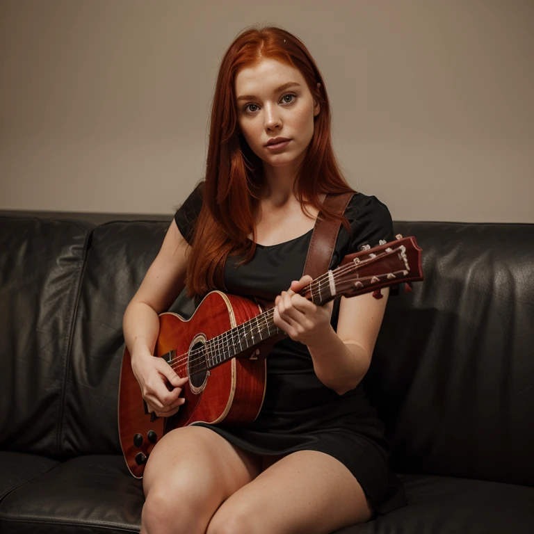Create a realistic photograph of a red-haired woman with the same face as this picture, wearing a black dress, holding a red guitar, sitting on a leather sofa.