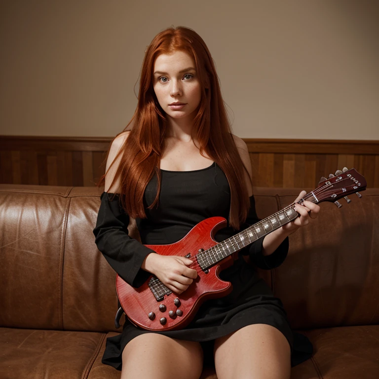 Create a realistic photograph of a red-haired woman with the same face as this picture, wearing a black dress, holding a red guitar, sitting on a leather sofa.