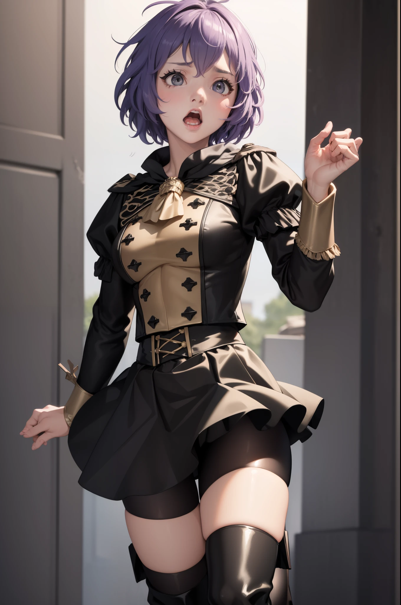 masterpiece, best quality, defBernie, black jacket, black skirt, spandex shorts, thigh boots, standing, looking at viewer, surprised, wide-eyed, shocked, open mouth, simple background, solo, 1girl