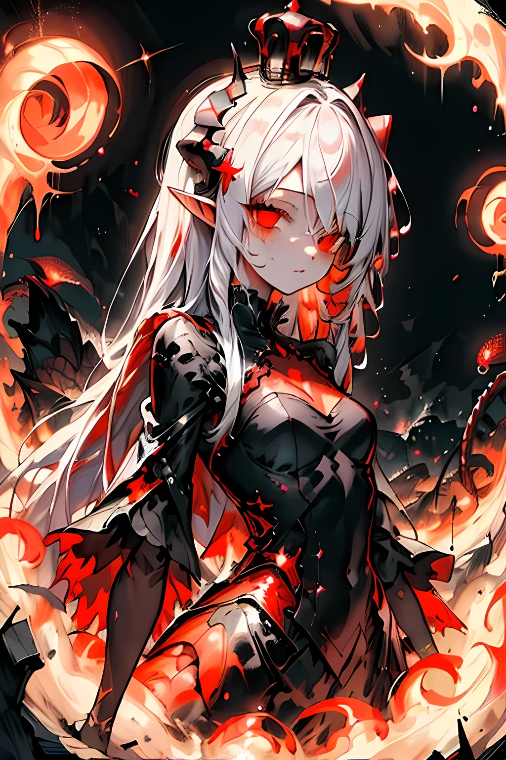 masterpiece, best quality, ultra-detailed, absurdres, colorful, 1girl, solo, (solid red eyes:1.0), (white hair, long hair, straight hair, hair over one eye:1.0), detailed eyes, wide-eyed, eyelashes, (upper body:0.8), monster girl, side view, glowing eyes, tilted head, night, black suit, pointy ears, horror, dark, black background, looking at viewer, crown, high contrast, backlighting, (standing:0.8), aura, fractal background, chaotic, spiral, demon horns, energy, mosaic, inferno