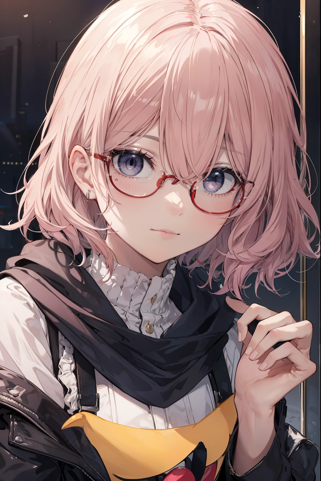 chica arrugando los ojos con cabello rosa oscuro con fleco y cabello en capas, small face, con gafas rectangulares rojas, sentada