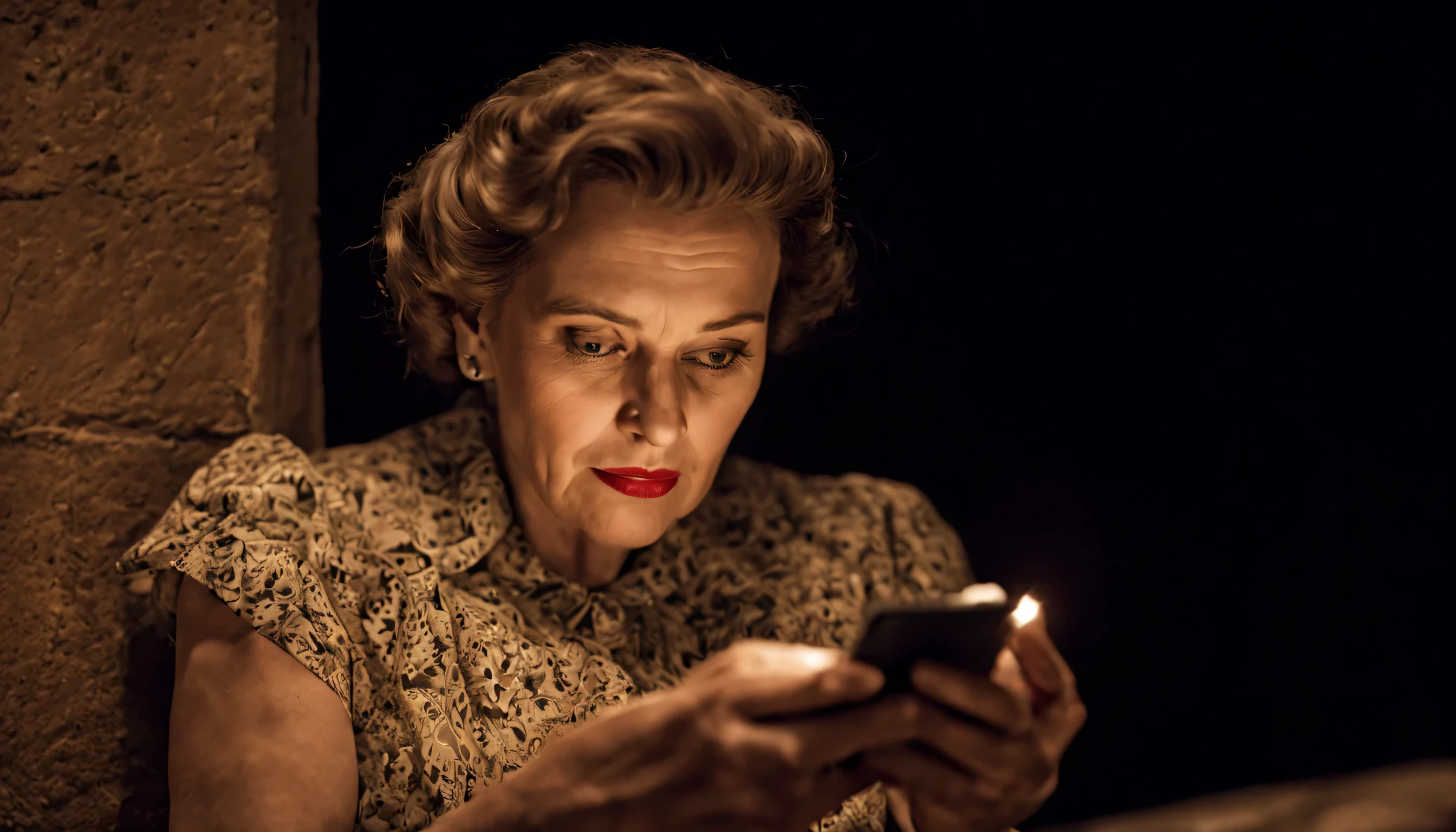 a very poor 1940s British woman watching cat videos on her ancient smart phone late at night