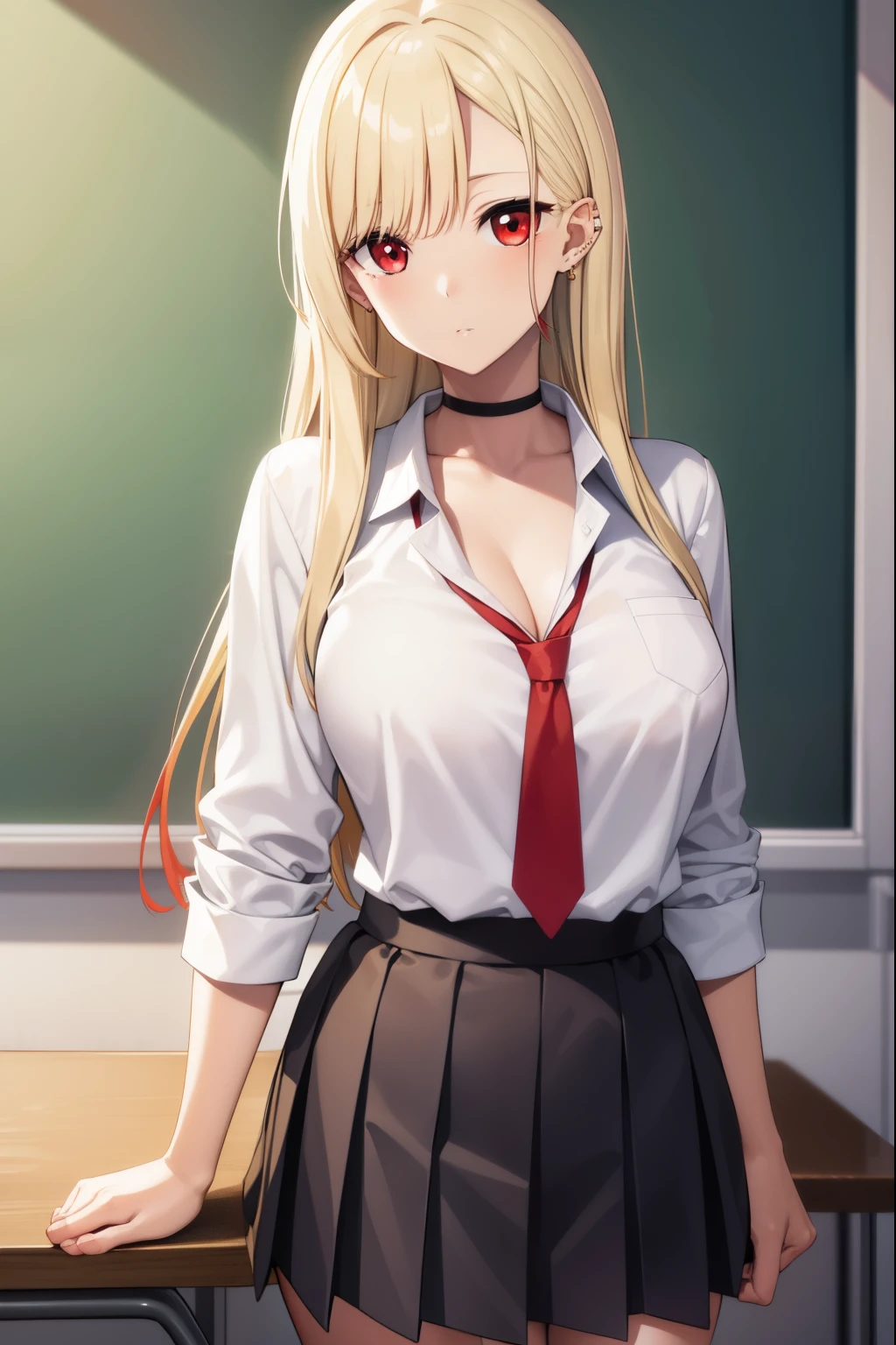 marinkitagawa, marin kitagawa, blonde hair, choker, ear piercing, earrings, long hair, piercing, (red eyes:1.5), straight hair, swept bangs,
BREAK black necktie, long sleeves, pleated skirt, school uniform, shirt, skirt, sleeves rolled up, white shirt, cleavage,
BREAK indoors, classroom,
BREAK looking at viewer,
BREAK (masterpiece:1.2), best quality, high resolution, unity 8k wallpaper, (illustration:0.8), (beautiful detailed eyes:1.6), extremely detailed face, perfect lighting, extremely detailed CG, (perfect hands, perfect anatomy),
