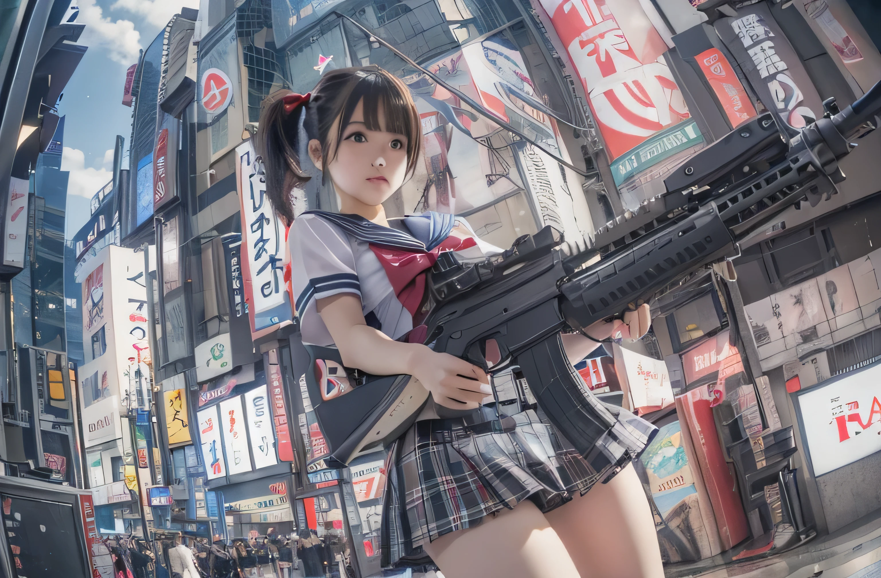 ((RAW image quality:1.4)), 8K resolution, masterpiece, high quality, unpleasant feeling, cinematic lighting, front camera angle, (Remainsの大都市), (SHIBUYA109 is attacked:1.4), 1 girl, (High school girl standing on the ground with an assault rifle (M16)), 14 years old, beautiful girl, invincible smile, running, good style , short hair, cleavage, short sailor suit, tartan check miniskirt, dynamic pose, Remains, Shibuya Ward, Missile attack, explosion, (Photographed with an 8mm fisheye lens:1.4), Shallow depth of writing, Photo looking up from below,