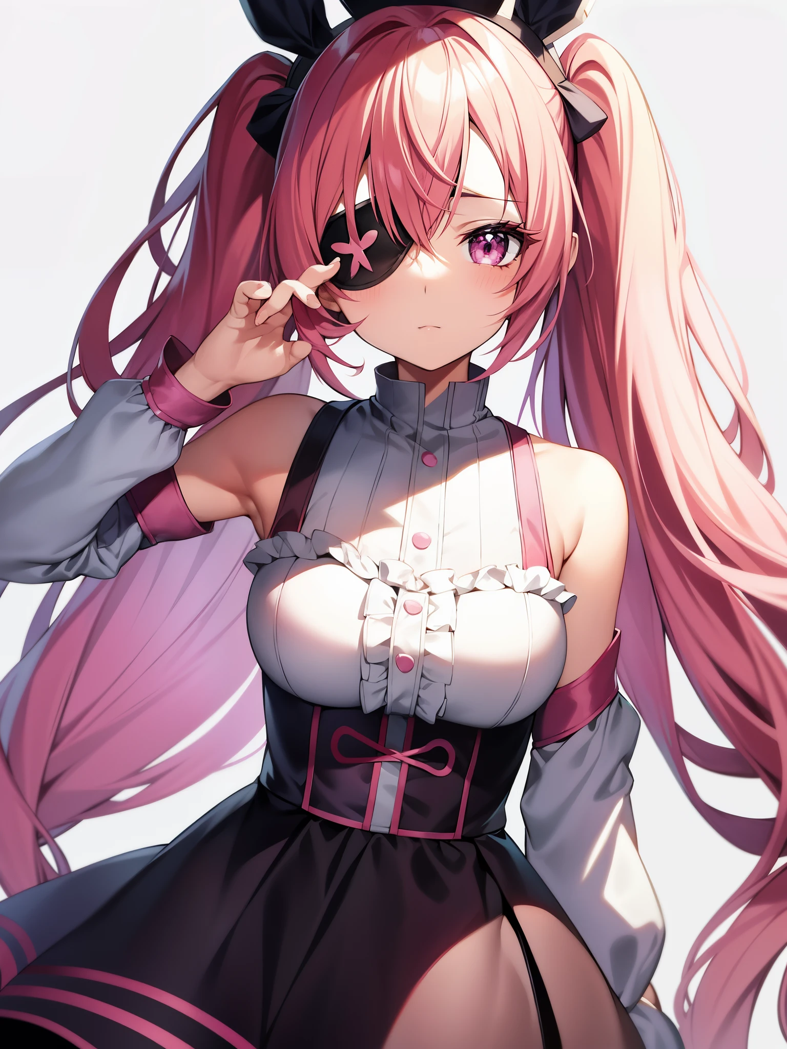Anime character details、beautiful girl、half twin tail、pink hair color、eyepatch、mine makeup、Sickly cute、Front facing、high resolution、High quality、2D anime、white background、Commercial use、