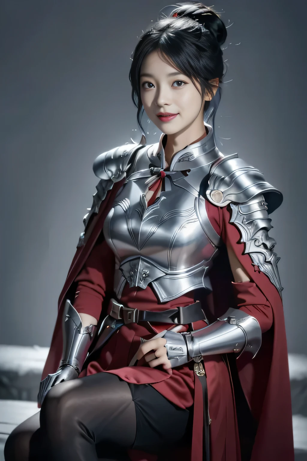 Chinese female general Hua Mulan,Saffron Hu suit lining,Detail the eyes,Crimson cape,Silver metal breastplate,silver helmet,battlefield background,majestic,Smile(open mouth)(The corners of the mouth are raised),Leather tunic,Knee armor,Eight clones,silver metal headband,light blue hair,Hair bun raised high。wild wilderness background