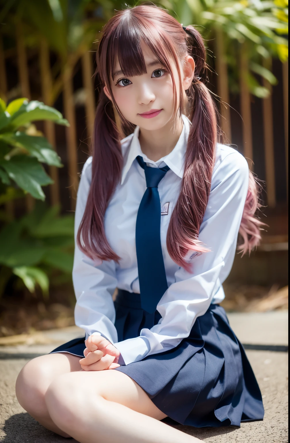 A woman in a skirt and tie is sitting on the ground, japanese girl uniform, japanese school uniform, wearing japanese school uniform, Photographed with canon eos 5 d mark iv, Ayaka Cosplay, pink twintail hair and cyan eyes, anime girl cosplay, real anime girl, cute high school girl, Photographed with Canon 5D MK4