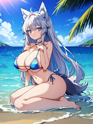 wolf ears、big breasts、silver hair、wolf tail、barefoot、blue eyes、blue star bikini、Ocean