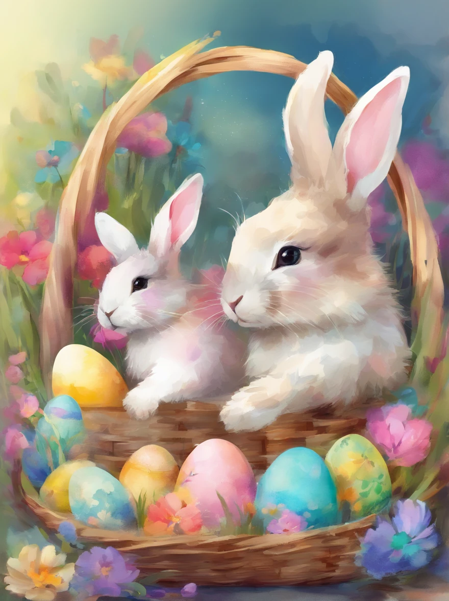 2 little small easter bunnies inside a wooden basket with colorful easter eggs and flowers in an easter art holiday decor style, vibrant atmosphere, watercolor art, watercolor painting, masterpiece, soft bright colors, soft light, easter holiday decor, 8K, detailed, highest quality artwork