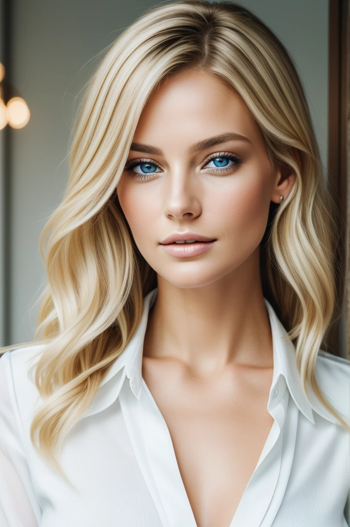 A real image of a European woman, age 35, with messy hair and blonde highlights, boasts beautiful blue eyes and an exquisite face. Dressed formally in a white shirt with an open collar, the high quality image captures every intricate detail of her corporeal form.
Her eyes radiate charm and allure, as the image showcases their natural beauty and captivating depth. The image presents a clear, sharp focus, bringing every pore and texture of her skin to life. The blonde highlights catch the light, adding a luminous glow to her disheveled yet alluring hair. This stunning portrait conveys the elegance and sophistication of a woman at