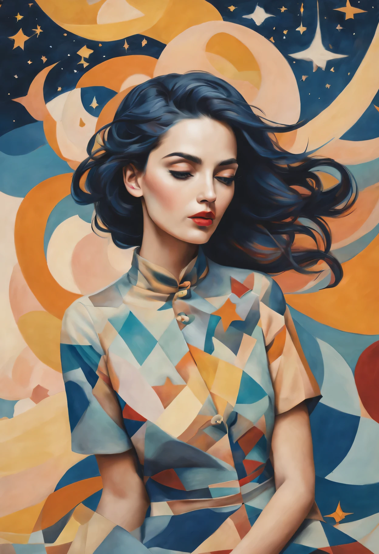pastel tones, from cubism, Fauvism to Surrealism and Abstraction, Miss, Their artistic concepts and patterns are reflected in the clothing design.starry sky background
