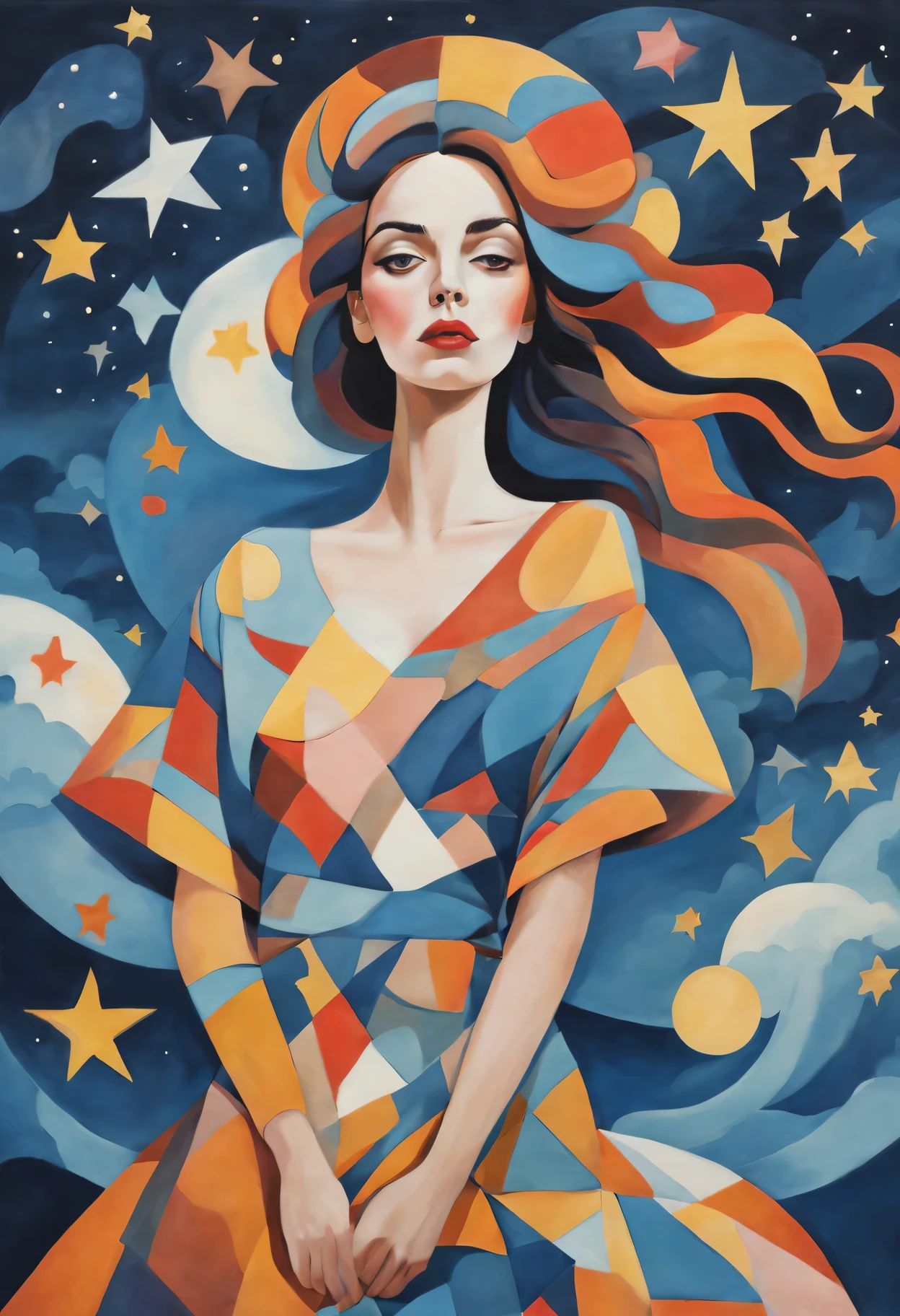 pastel tones, from cubism, Fauvism to Surrealism and Abstraction, Miss, Their artistic concepts and patterns are reflected in the clothing design.starry sky background