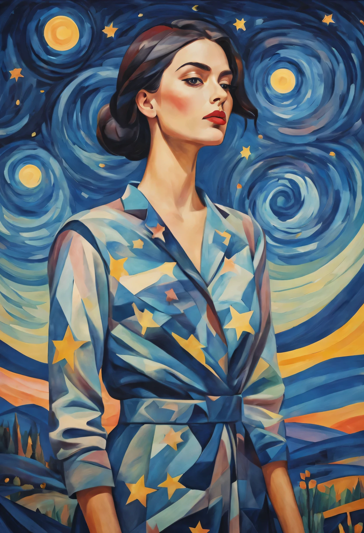 pastel tones, from cubism, Fauvism to Surrealism and Abstraction, Miss, Their artistic concepts and patterns are reflected in the clothing design.starry sky background