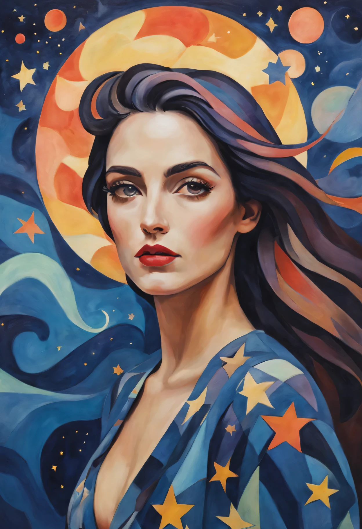(best quality,realistic,highres:1.2),soft toned, oil painting,impressionistic strokes,From Cubism, Fauvism to Surrealism and Abstractionism, woman, their art concept and pattern all have been embodied in fashion design.Starry Sky background, cleavage