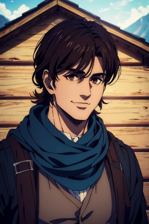 (best quality,4k,,masterpiece:1.2),ultra-detailed,realistic,photorealistic:1.37,male character,brown eyes,black medium frenzy hair,blue scarf,sharp jawline, he is smiling, behind him a small cabin,