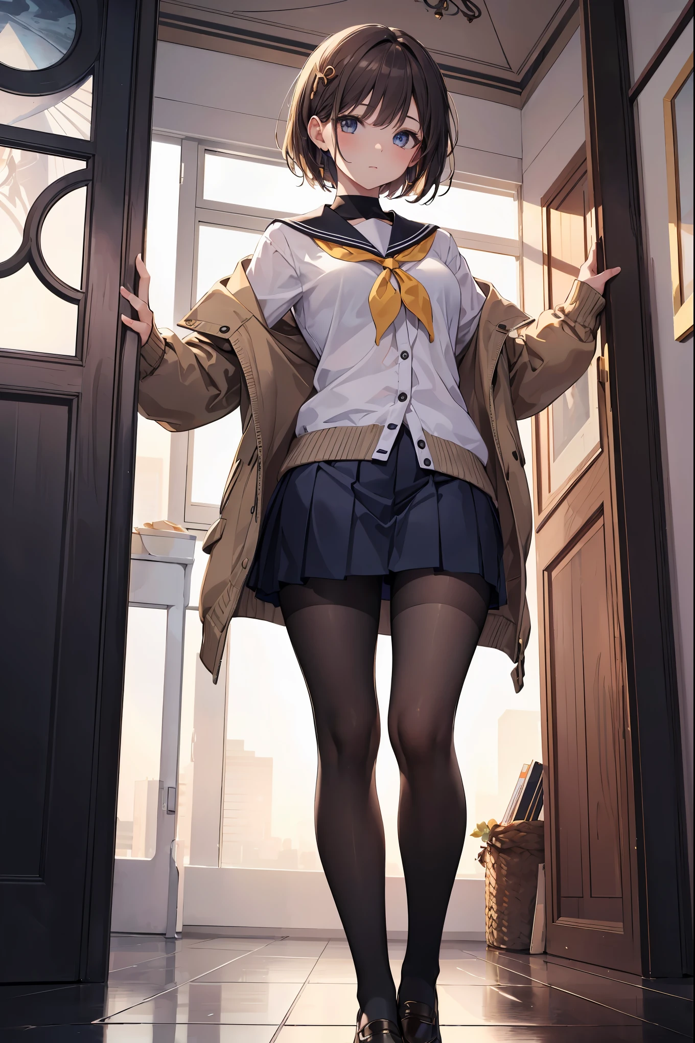 (1 girl), alone, reincarnation of the beauty Aphrodite, brown hair, brown shoes, black legwear, blue skirt. Cardigan, open cardigan, open clothes, black tights with thin details, pleated skirt, , school_uniform, sailor uniform, short_hair, skirt, (highly detailed), chest, detailed hair, highest resolution, highest quality, head tilted, (standing), ((from below)) , below skirt, under the skirt, (close view on underwear from below), up shirt, (The God of Creation's finest work: 1.4), (Super Absolute Resolution: 1.4), (The God of Art's finest masterpiece: 1.4) ,, very detailed face, original character, perfect lighting, best colors, colorful, beautiful, fine details, natural volumetric lighting and best shadows, deep depth of field, (best quality, amazing details: 1.4 ), (Complex, detailed and realistic materials, textures and light sources: 1.3), (Perfect anatomy: 1.2), Super detailed skin, (Best lighting by famous artists: 1.2), 8K, (Charm by famous masters) Guidance on how to perform poses: 1.4)