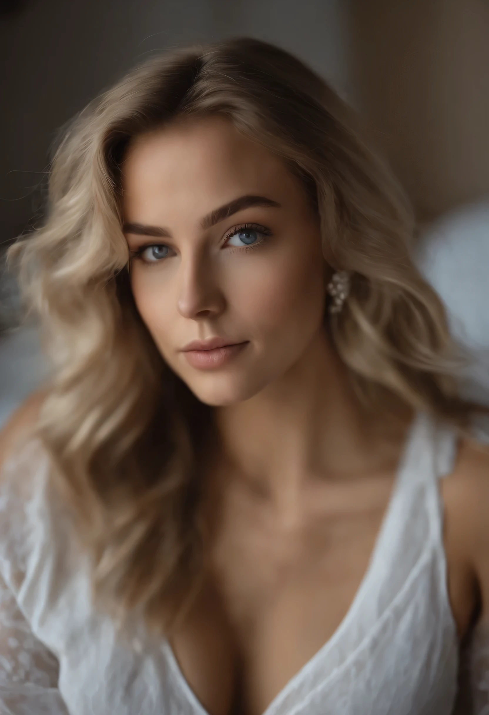 Arafed Femme Complète, fille sexy aux yeux bleus, pas, ultra réaliste, minutieusement détaillé, Portrait de Sophie Mudd, cheveux blonds et grands yeux, selfie d&#39;une jeune femme, Yeux de la chambre, Violette Myers, sans maquillage, maquillage naturel, Regarder directement la caméra, artgramme du visage, Maquillage subtil, Photo impressionnante de tout le corps agenouillé sur le lit, dans la chambre, Poitrine de taille moyenne et grande, permettant au visage d&#39;être vu clairement, portrait