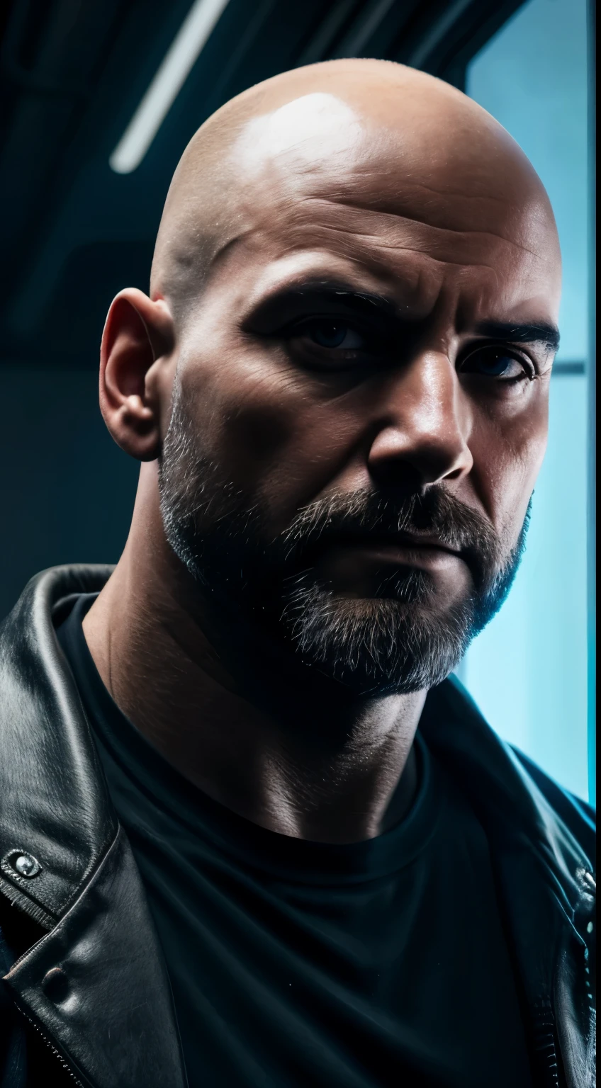 40 year old bald man, grey medium beard, (cyberpunk style), angle of image from front, dramatic light, (portrait), high quality, 16k