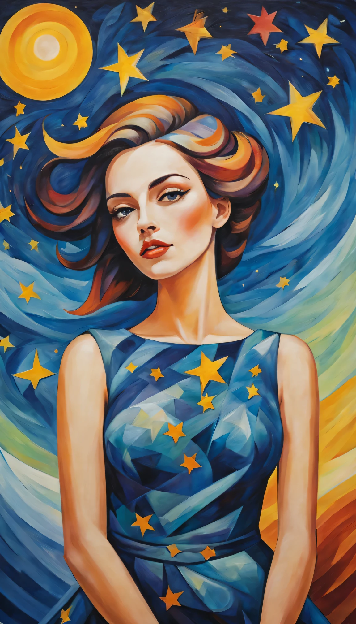 (best quality,actual,high resolution:1.2),pastel tones, painting,bright colors,from cubism, Fauvism to Surrealism and Abstraction, Miss, Their artistic concepts and patterns are reflected in the clothing design.starry sky background