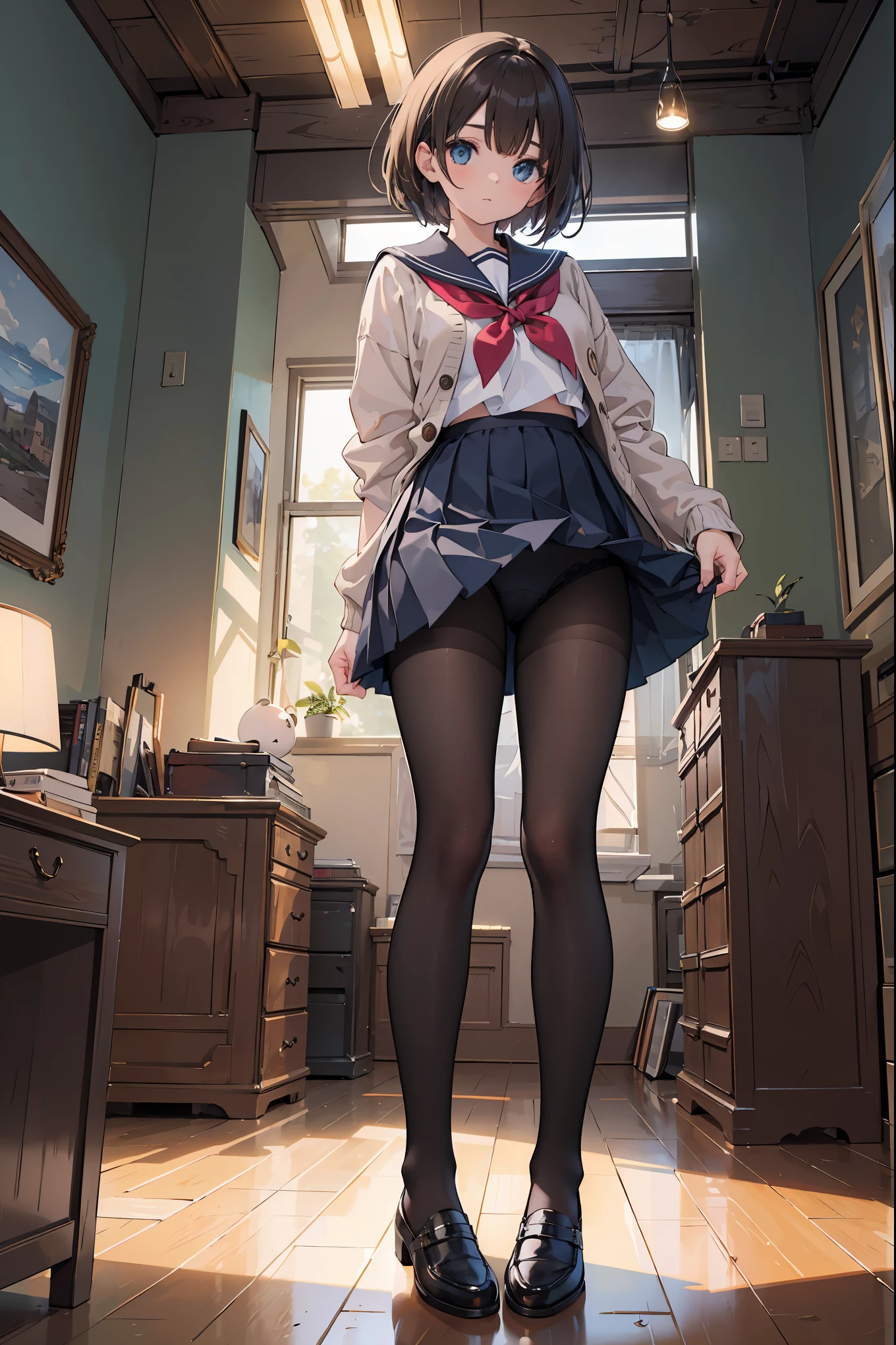 (1 girl), alone, reincarnation of the beauty Aphrodite, brown hair, brown shoes, black legwear, blue skirt. Cardigan, open cardigan, open clothes, black tights with thin details, pleated skirt, , school_uniform, sailor uniform, short_hair, skirt, (highly detailed), chest, detailed hair, highest resolution, highest quality, head tilted, (standing), ((from below)) , below skirt, under the skirt, (close view on underwear from below), up shirt, (The God of Creation's finest work: 1.4), (Super Absolute Resolution: 1.4), (The God of Art's finest masterpiece: 1.4) ,, very detailed face, original character, perfect lighting, best colors, colorful, beautiful, fine details, natural volumetric lighting and best shadows, deep depth of field, (best quality, amazing details: 1.4 ), (Complex, detailed and realistic materials, textures and light sources: 1.3), (Perfect anatomy: 1.2), Super detailed skin, (Best lighting by famous artists: 1.2), 8K, (Charm by famous masters) Guidance on how to perform poses: 1.4)