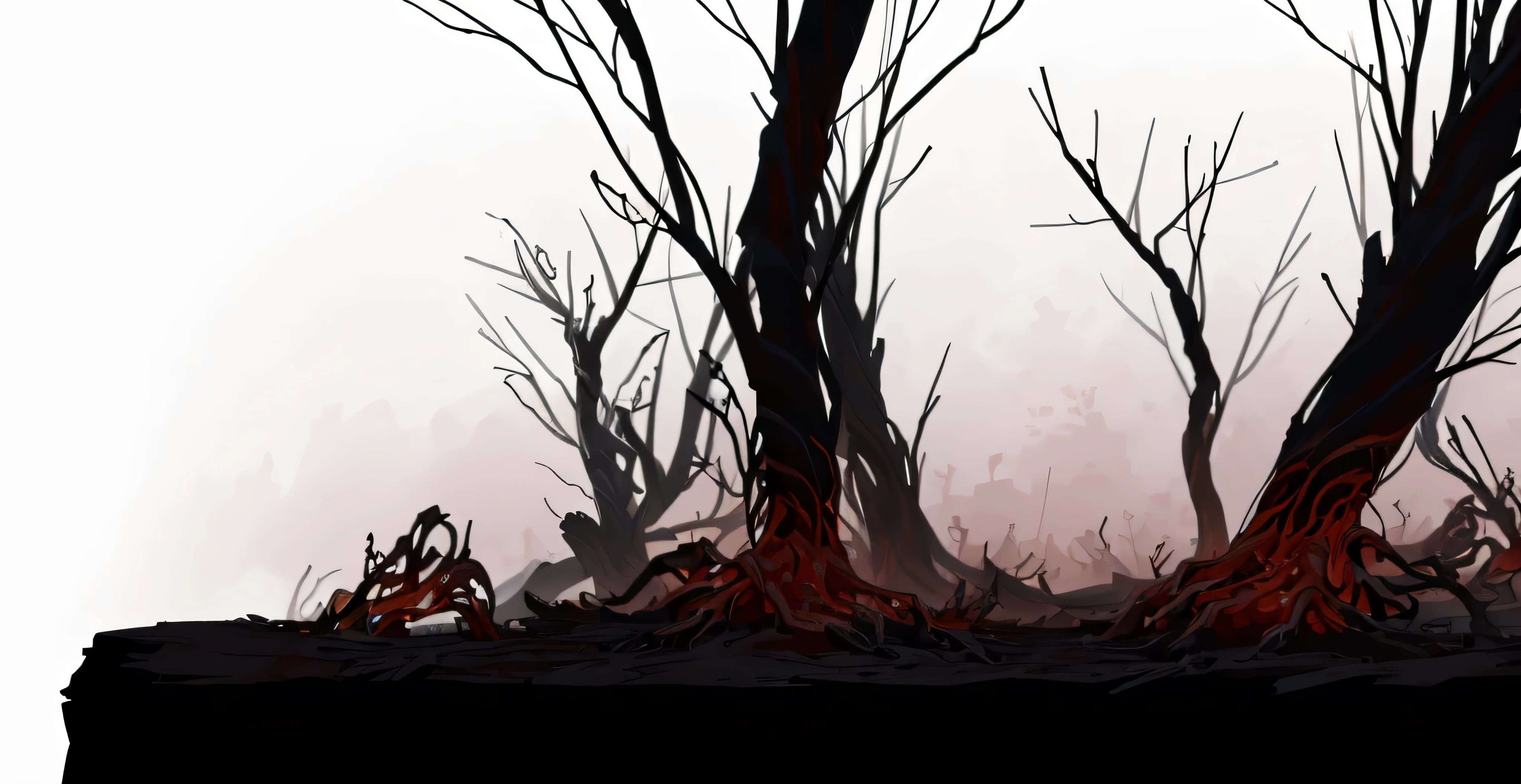 A background where the entire area is covered in flames. There are a lot of dead trees growing there, and they have twisted shapes that look like living things. The ground is rough and cracked.