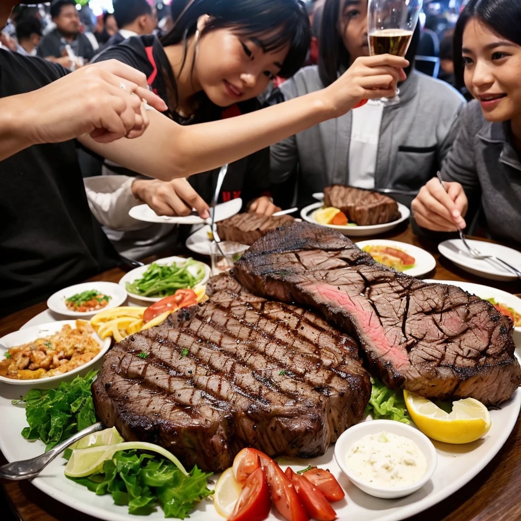 100 people eating a huge steak、100 people are Asian、blacks、hispanic、white and diverse