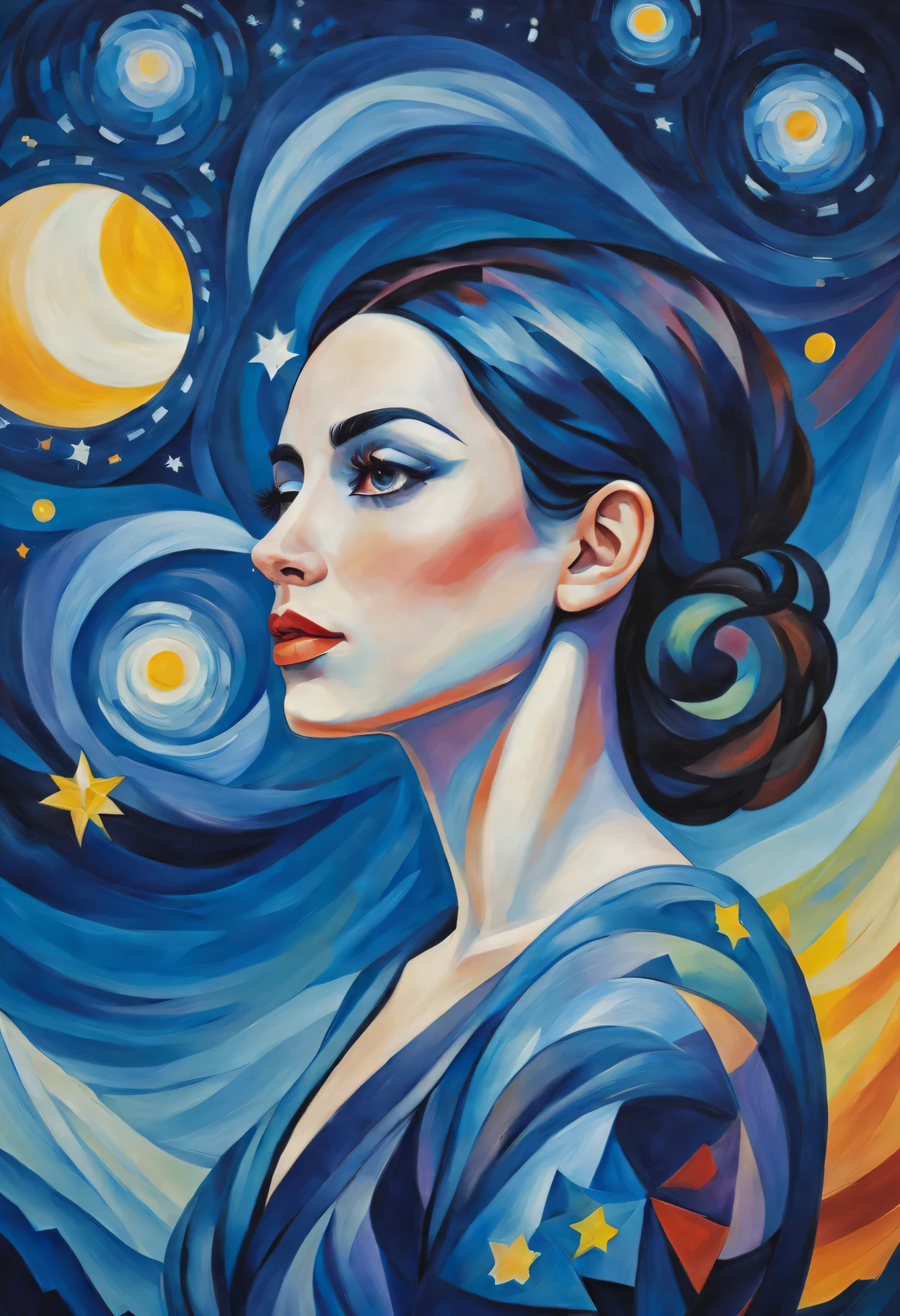 (best quality,actual,high resolution:1.2),pastel tones, painting,Impressionist strokes,from cubism, Fauvism to Surrealism and Abstraction, Miss, Their artistic concepts and patterns are reflected in the clothing design.starry sky background