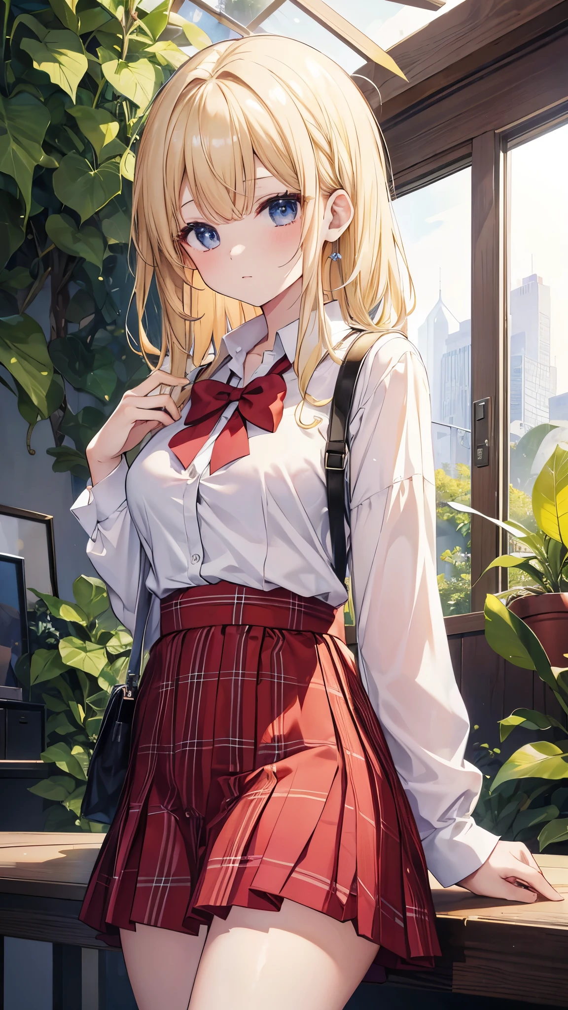 masterpiece, top-quality, hight resolution, sa1, blonde hair, 校服, white shirt, skirt by the, Plaid skirt, open-shirt, bra very,
