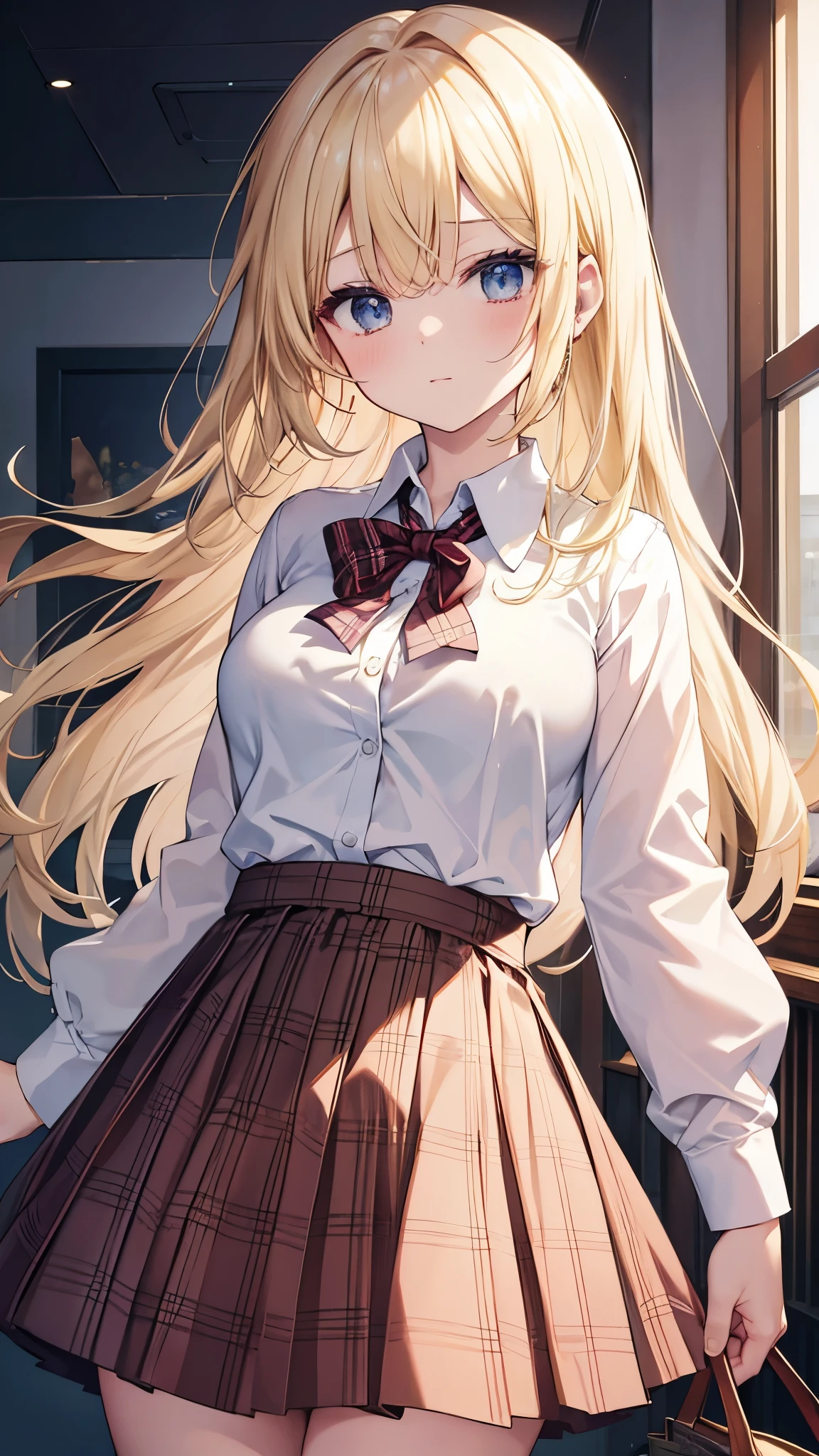 ​masterpiece, top-quality, hight resolution, sa1, blonde  hair,  校服, white  shirt, skirt by the, Plaid skirt, open-shirt, bra very,