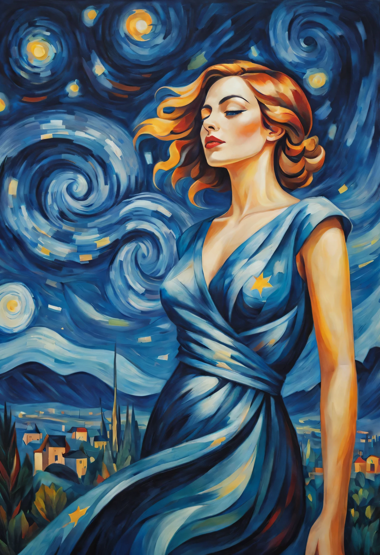(best quality,actual,high resolution:1.2),pastel tones, painting,Impressionist strokes,from cubism, Fauvism to Surrealism and Abstraction, Miss, Their artistic concepts and patterns are reflected in the clothing design.starry sky background