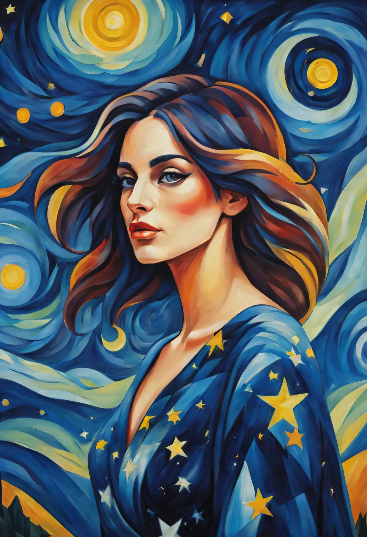 (best quality,actual,high resolution:1.2),pastel tones, painting,Impressionist strokes,from cubism, Fauvism to Surrealism and Abstraction, Miss, Their artistic concepts and patterns are reflected in the clothing design.starry sky background